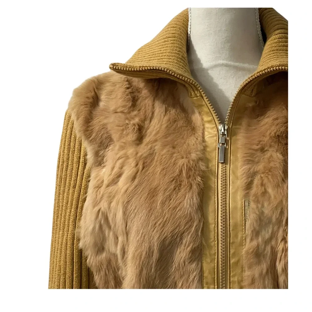 Leather USA Mustard Brown Genuine Rabbit Fur Ribbed Knit‎ Zip Up Cardigan XL